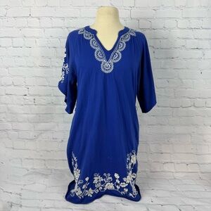 Johnny Was Joy Love Blue/White Embroidered Dress Tunic Size S V-neck